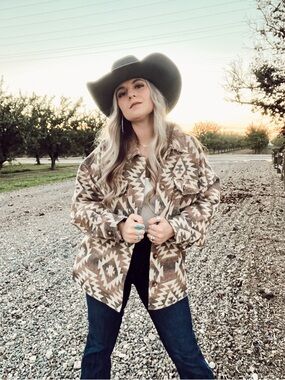 Aztec Pattern Shacket Jacket in Brown - Women’s Cozy Overshirt